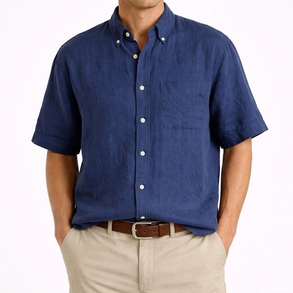 Brooks Brothers 1818 Regent Linen Shirt Men Large Navy Blue The Original Polo